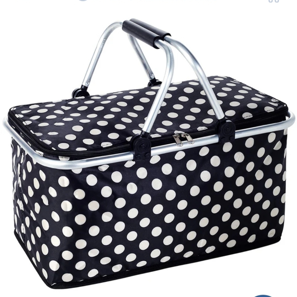 Black and White Polka Dot Insulated Picnic Basket - Picture 2 of 4